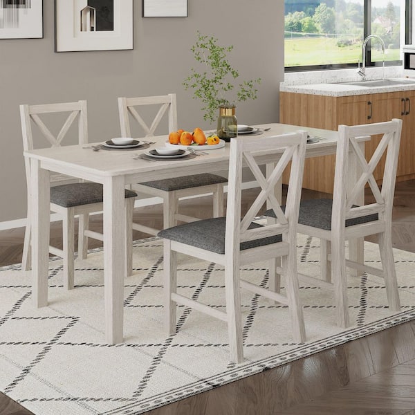 Farmhouse Dining Table Set, 5-Piece Wood Kitchen Table with X-Back Chairs and Padded Seats, Gray Dining (Set for 4)