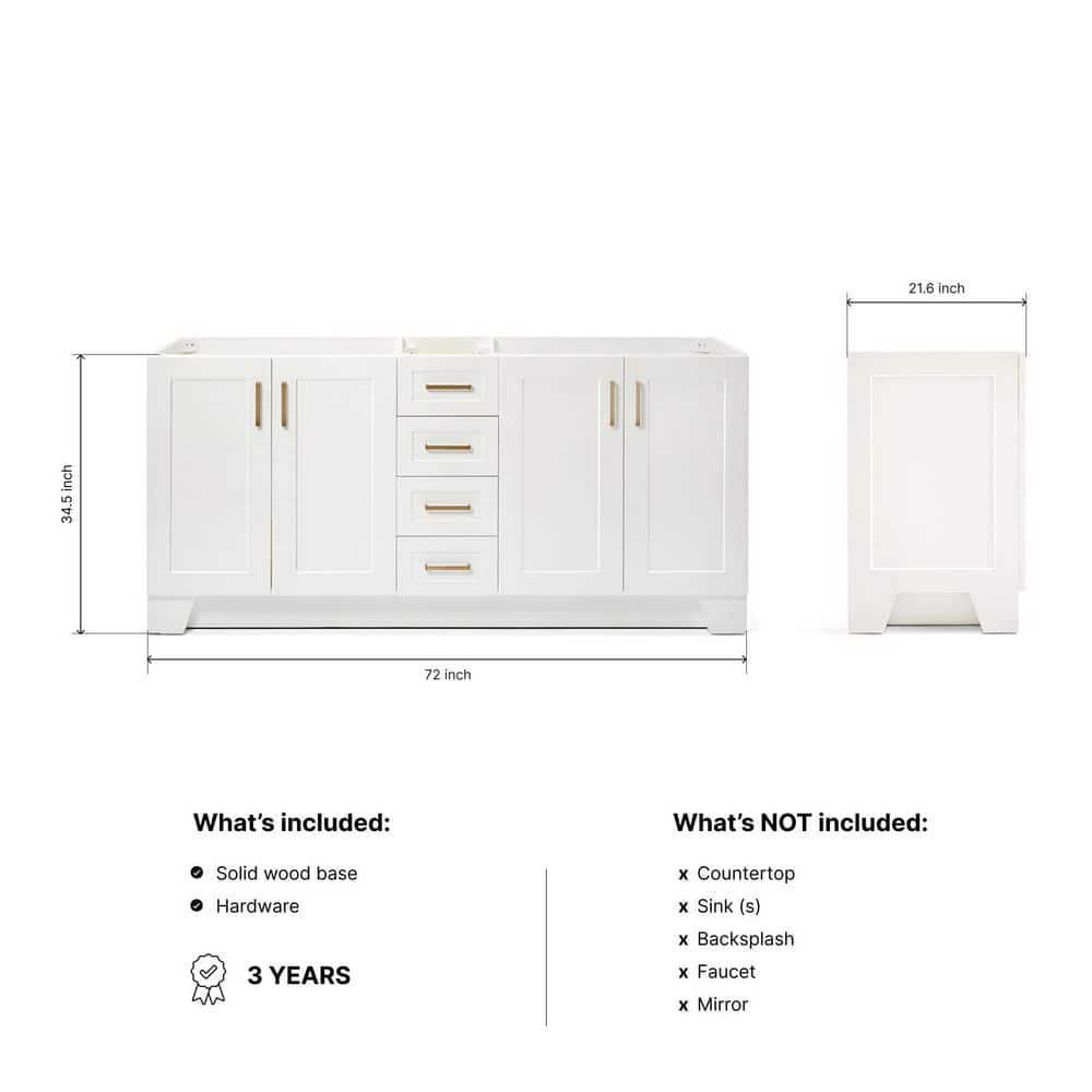 Taylor 72" White Double Freestanding Vanity with Brass Hardware