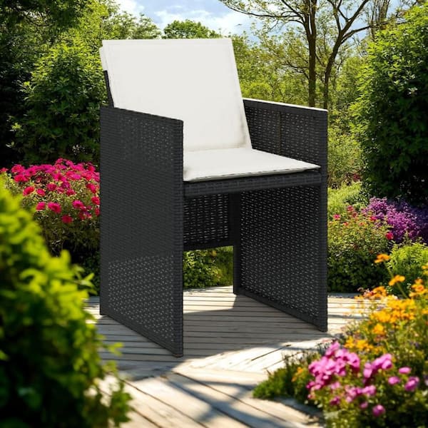 Modern Black Metal Outdoor Lawn Chair with White Cushions (Set of 4)