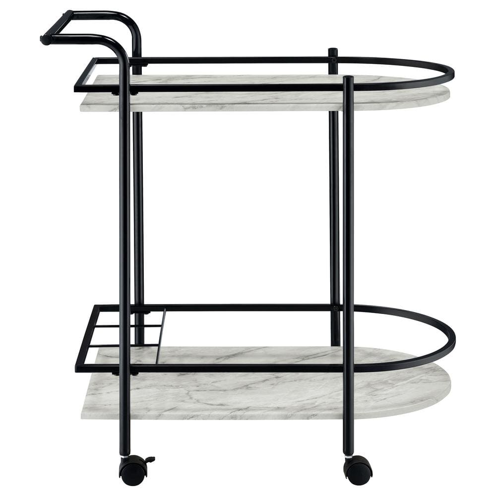 Black and White Faux Marble Rectangular Bar Cart with Wine Rack