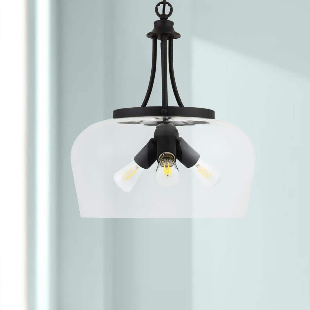 Matte Black 3-Light Dome Pendant with Glass Shade