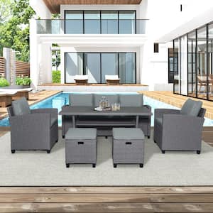 6-Piece Rattan Wicker Outdoor Set Patio Garden Sofa Chair Stools and Table with Gray Cushions