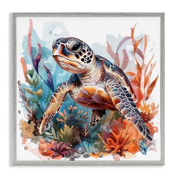Stupell Industries Drifting Sea Turtle by LSR Design Studio Gray Framed Animal Giclee Art Print 17 in. x 17 in.