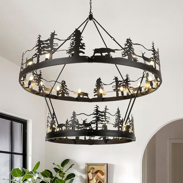 24-Light Black 2-Tiered Farmhouse Rustic Wagon Wheel Chandelier Ambient Lighting for Dining Room Living Room Foyer
