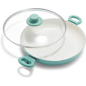 11 in. Healthy Ceramic Nonstick Round Dishwasher Safe Grill Pan in Turquoise with 2 Soft Grip Handles and Glass Lid