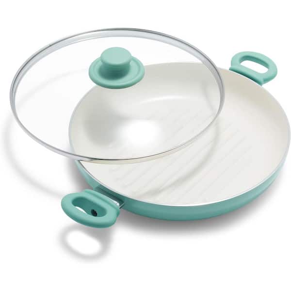 Adrinfly 11 in. Healthy Ceramic Nonstick Round Dishwasher Safe Grill Pan in Turquoise with 2 Soft Grip Handles and Glass Lid