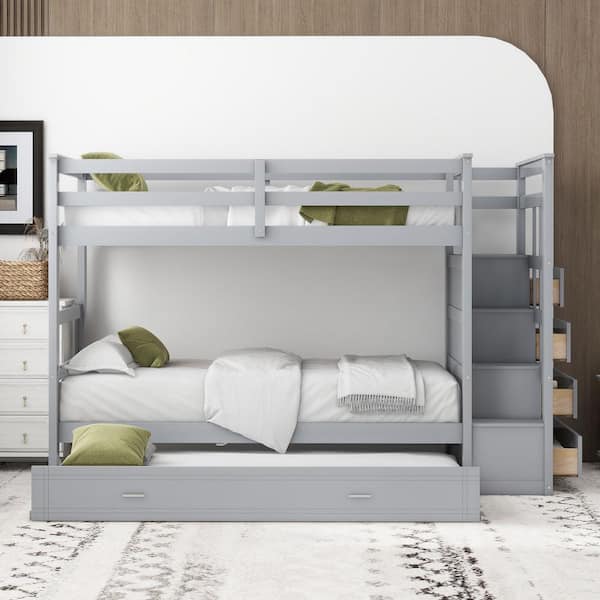 Gray Twin Over Twin Wood Bunk Bed with Trundle and Storage Staircase