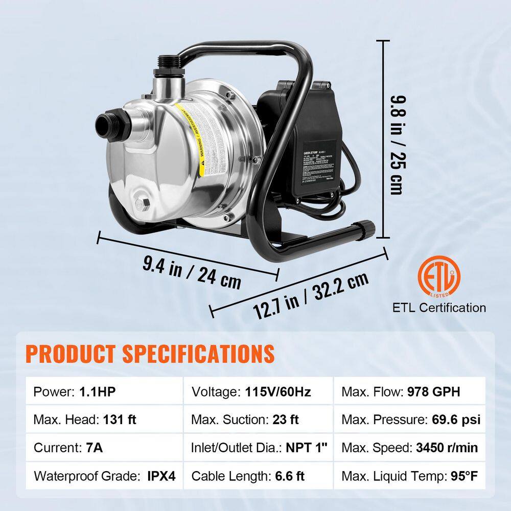 1.1HP Stainless Steel Portable Shallow Well Pump for Garden Irrigation
