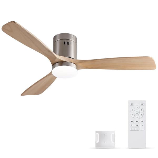52 in. Indoor Brushed Nickel Low Profile Standard Ceiling Fan with Bright White Integrated LED Light,3 Solid Wood Blades