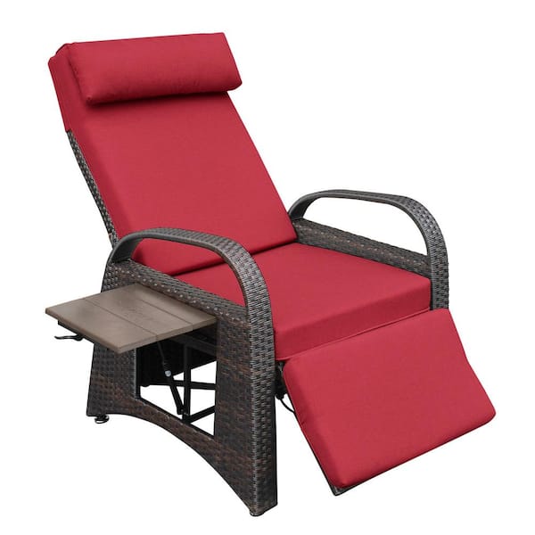 Runesay 40.2 in. H PE Wicker Outdoor Recliner Adjustable Chair Removable Soft with Red Cushions Modern Armchair and Ergonomic