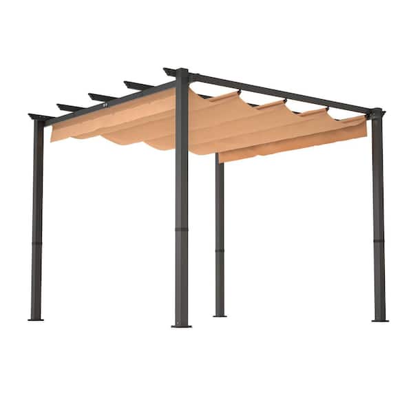 Khaki 10 ft. x 10 ft. Aluminum Patio Pergola with Retractable Canopy, Pergola Shelter Gazebo for Porch, Party, Garden