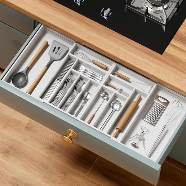 13-Slot Magnetic Silverware Organizer, 21 to 37.4 in. Expandable Flatware and Cutlery Holder, Utensil Tray, White
