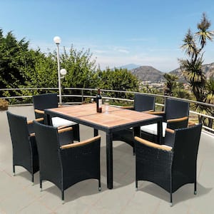 7-Piece Wicker Outdoor Dining Set Patio Dining Table with Acacia Wood Tabletop and Stackable Chairs with Beige Cushions