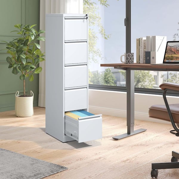 Siavonce 5 Drawer Metal Vertical File Cabinet with Lock Office Home Pantry Organizer for A4 Legal/Letter Size, White
