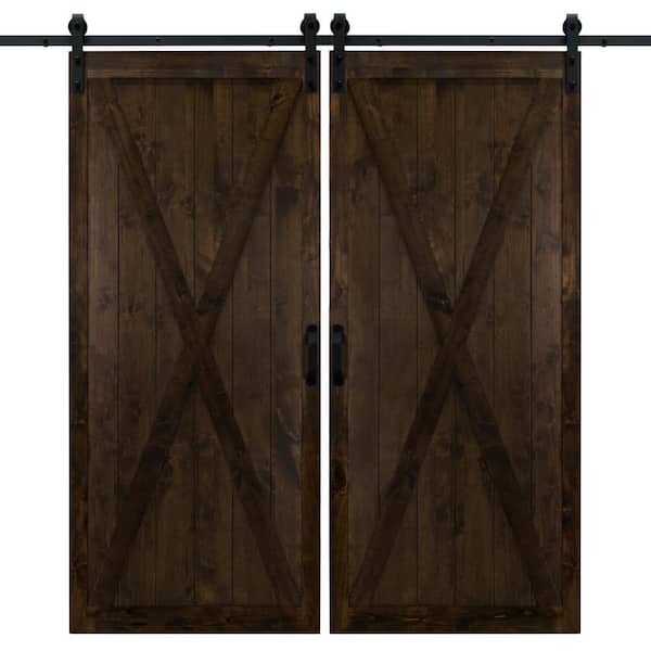 Dogberry 42 in. x 84 in. Dark Chocolate Classic X Wood Double Sliding Barn Door with Hardware Kit