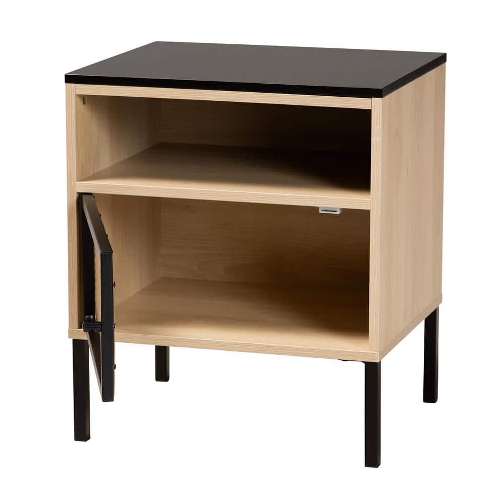 Felton Two-Tone Black Gold Metal and Light Brown Wood End Table with Storage