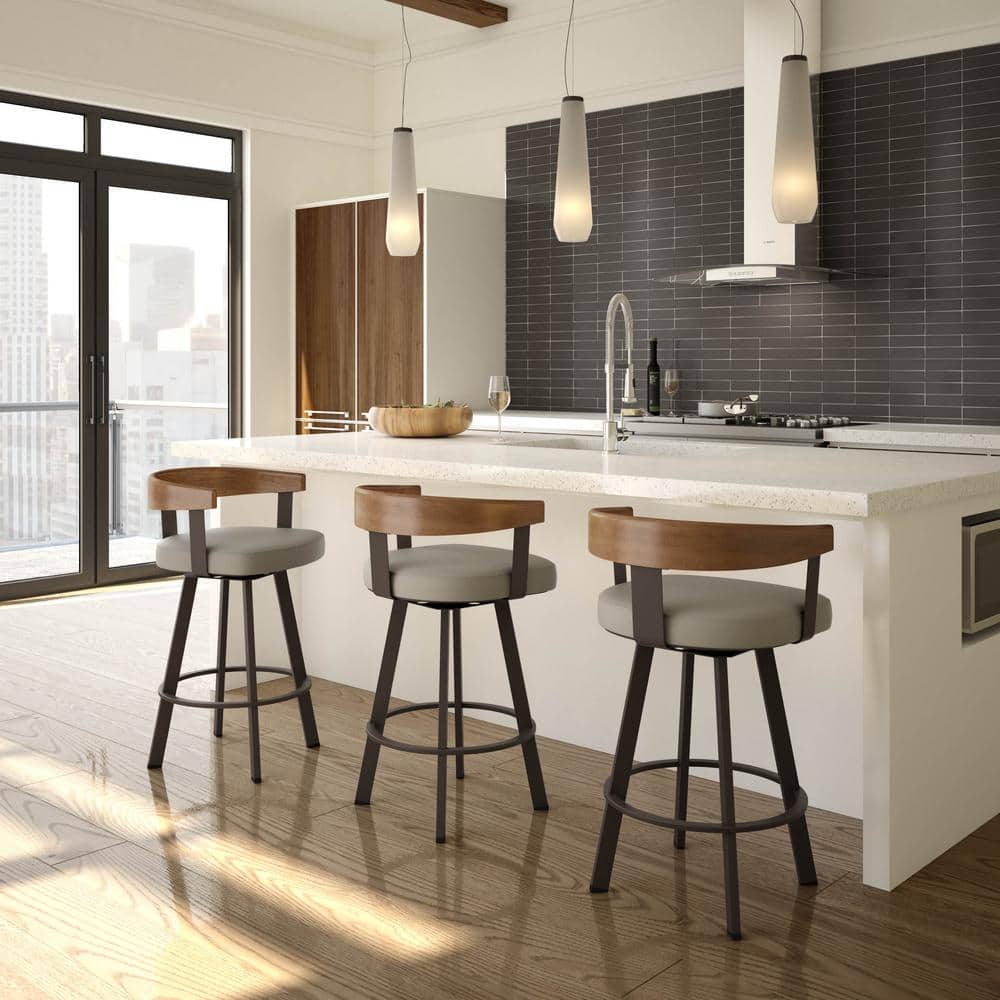 Lars 30" Swivel Bar Stool in Greige Faux Leather with Wood and Metal Frame