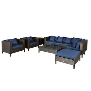 Brown 9-Pieces Metal Plastic Rattan Outdoor Couch Set with Blue Cushions and Weather-Resistant Materials