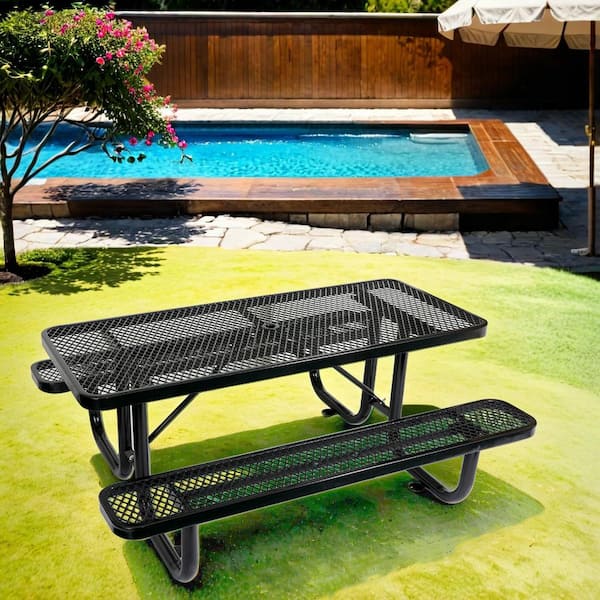 Unbranded 72 in. Rectangular Outdoor Steel Picnic Table Seats 6-People with Umbrella Hole in Black