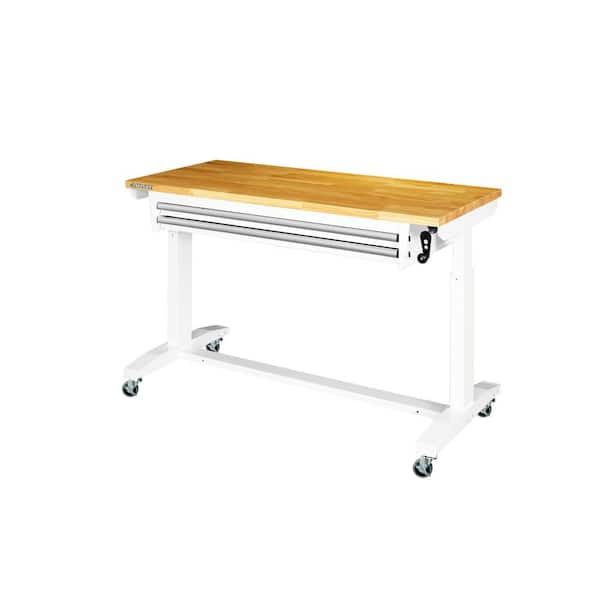 Husky - 52 in. W x 24 in. D 2-Drawer Adjustable Height White Workbench Table with Solid Wood Top