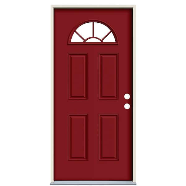36 in. x 80 in. Fan Lite Cranberry Red Painted Steel Prehung Left-Hand Outswing Front Door with Brickmould