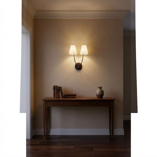 Marina 14.5 in. W x 17.5 in. H 2-Light Aged Iron Traditional Bathroom Wall Sconce with White Linen Fabric Shades