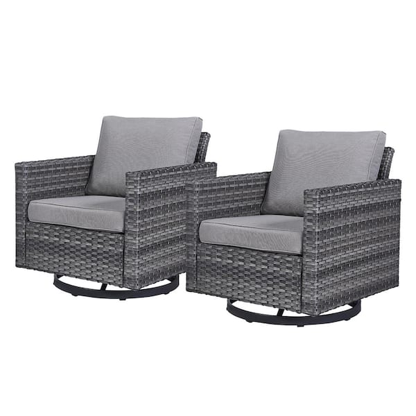 2-Piece Gray Wicker Patio Swivel Outdoor Rocking Chair Set with Gray Cushions