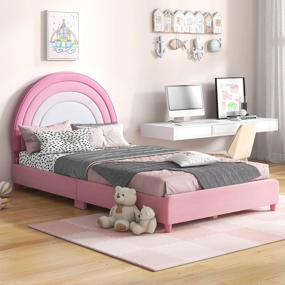 Gymax Pink Kids Twin Platform Bed Frame Upholstered Twin Size Bed w ...