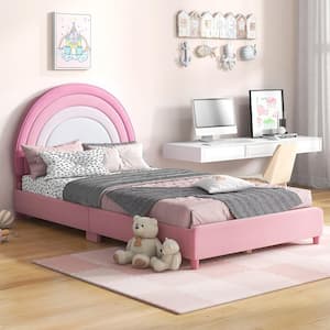 Pink Kids Twin Platform Bed Frame Upholstered Twin Size Bed w/Wooden Slats Support