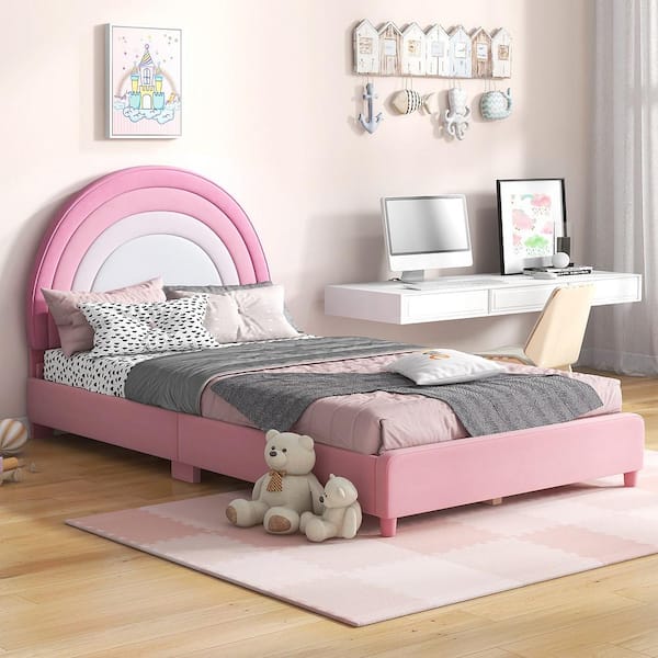 Gymax Pink Kids Twin Platform Bed Frame Upholstered Twin Size Bed w/Wooden Slats Support