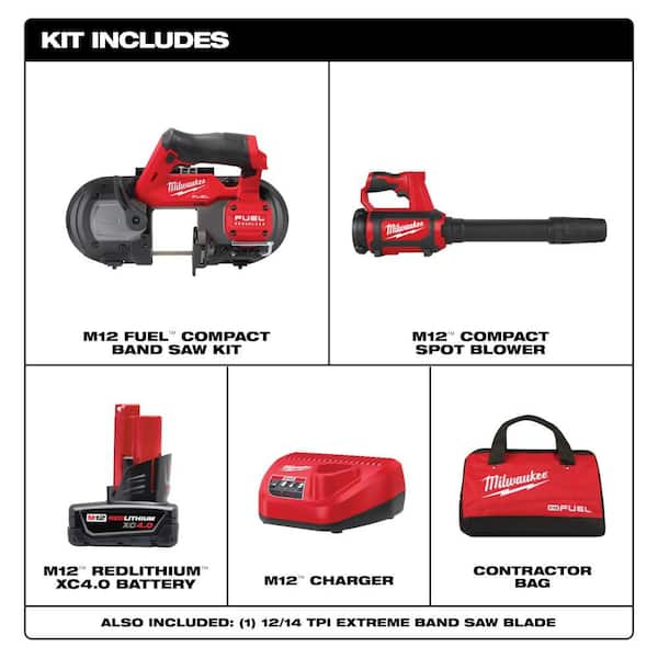 M12 FUEL 12V Lithium-Ion Cordless Compact Band Saw XC Kit with One 4.0 Ah Battery, Charger, Bag & M12 Spot Blower