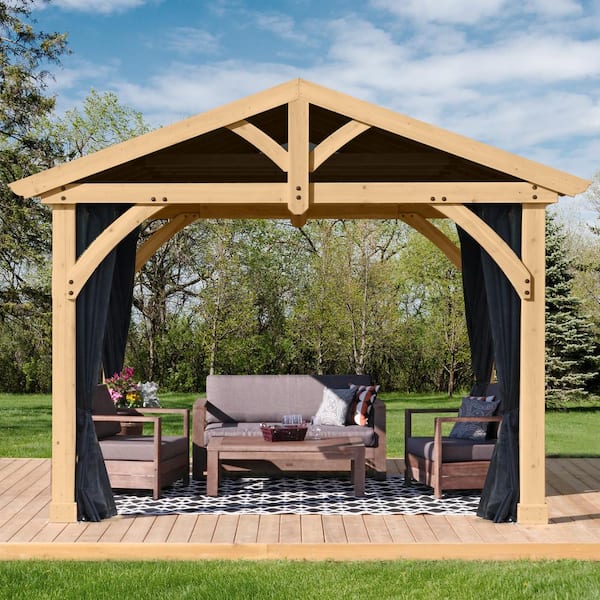 Carolina 11 ft. x 13 ft. Premium Cedar Shade Pavilion with Coffee Brown Aluminum Roof and UV resistant Phifer Mesh Kit