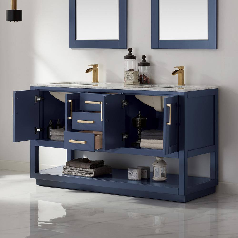 Remi Royal Blue 60" Double Basin Freestanding Vanity with Marble Top