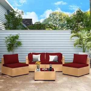 5-Piece Wicker Patio Conversation Seating Set with Red Cushions