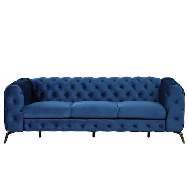 Polibi 85.5 in. Square Arm Velvet Rectangle Sofa with Sturdy Metal Legs in Blue