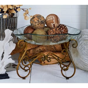 Clear Kitchen Decorative Serving Bowl with Gold Metal Scroll Base