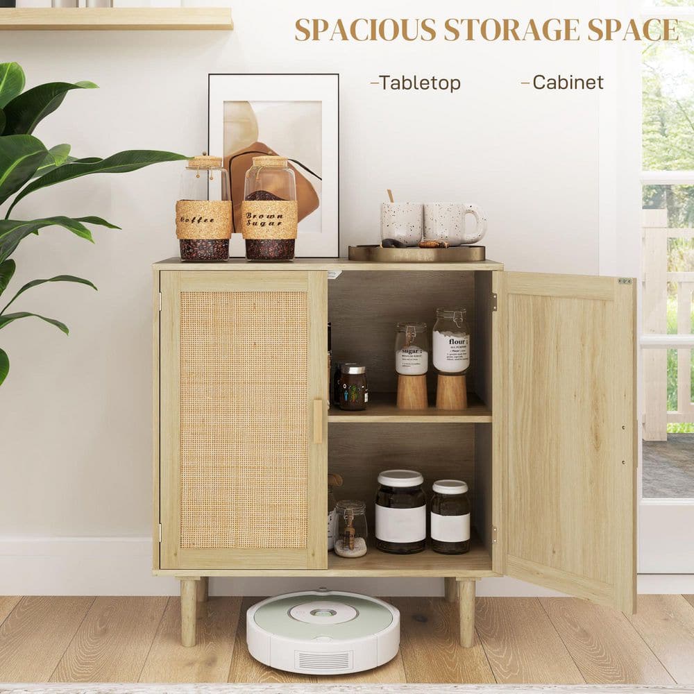 Natural Oak Bohemian Sideboard with Rattan Doors and Shelves