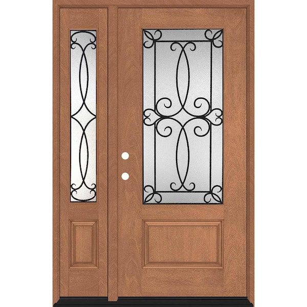 Steves & Sons Regency 53 in. x 80 in. ¾-Lite Georgian Decorative Glass RHIS Autumn Mahogany Fiberglass Prehung Front Door w/14 in.SL
