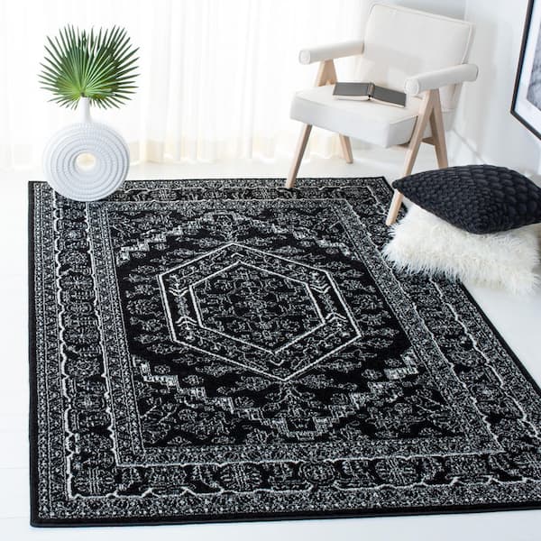 Adirondack 3 ft. x 4 ft. Black/Ivory Border Medallion Area Rug