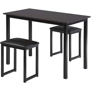 3-Pieces Dining Table Set with Padded Stools 41.3 in. Black Wooden Top with Metal Frame Kitchen Table (Set for 2)