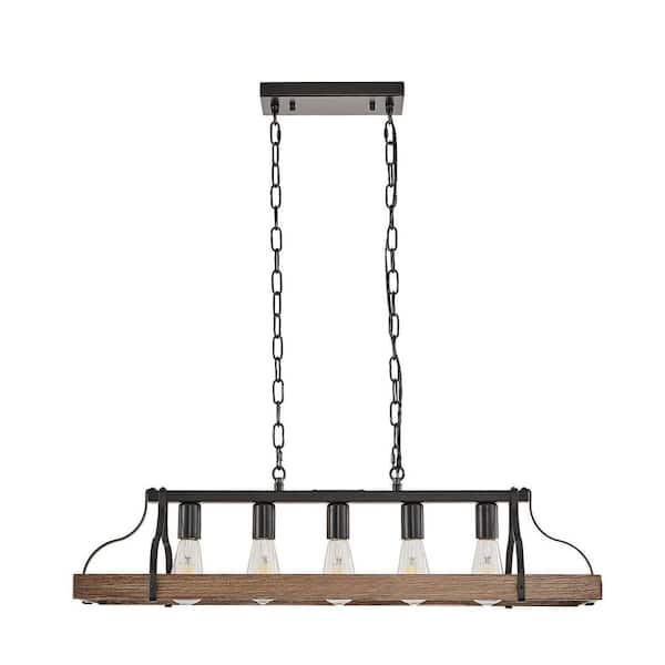 VEVETTA 5 Light Black and Walnut Wood Farmhouse Linear Chandelier with Adjustable Height for Kitchen Island (No Bulb Included)