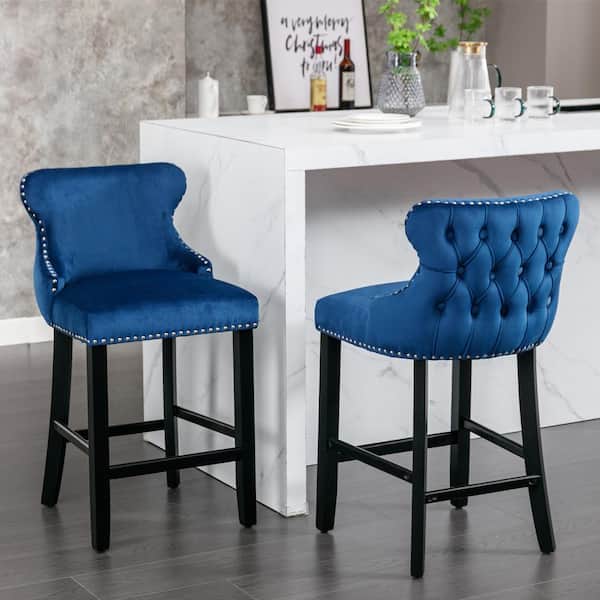 CSC DECOR INC Blue Wing Back Wood Bar Stool Tufted