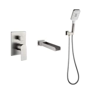 Single-Handle Wall-Mount Roman Tub Faucet with Hand Shower Waterfall Bathtub Filler in Brushed Nickel