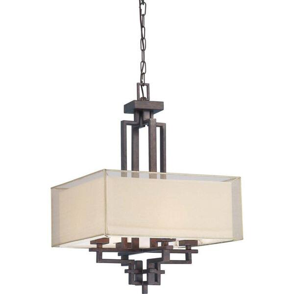 Glomar 4-Light Pendant with Gold Sheer & Beige Linen Fabric Shade Finished in Corvo Bronze-DISCONTINUED