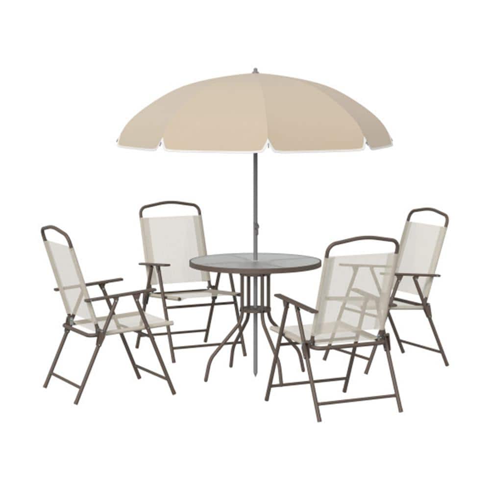 6-Piece Beige Metal Outdoor Dining Set with Umbrella, Round Glass Table and Folding Dining Chairs price history on PriceWatchPro