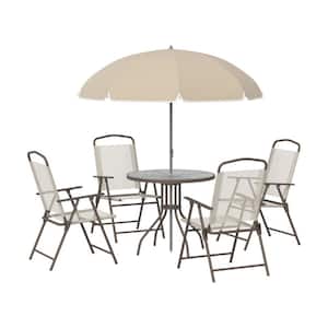 6-Piece Beige Metal Outdoor Dining Set with Umbrella, Round Glass Table and Folding Dining Chairs