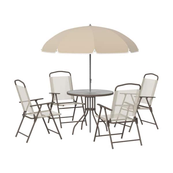 ITOPFOX 6-Piece Beige Metal Outdoor Dining Set with Umbrella, Round Glass Table and Folding Dining Chairs