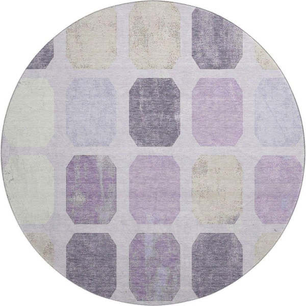 Mayfield Premium Machine Washable Abstract AMF2182 Lavender 8 ft. x 8 ft. Round Rug