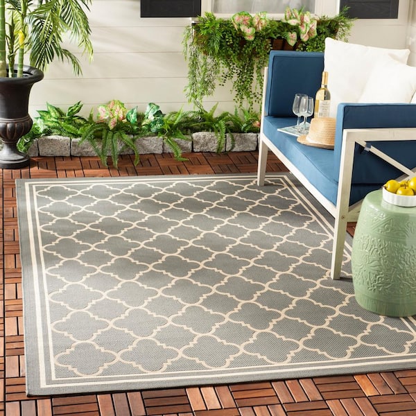 Courtyard Anthracite/Beige 4 ft. x 4 ft. Square Geometric Indoor/Outdoor Patio  Area Rug