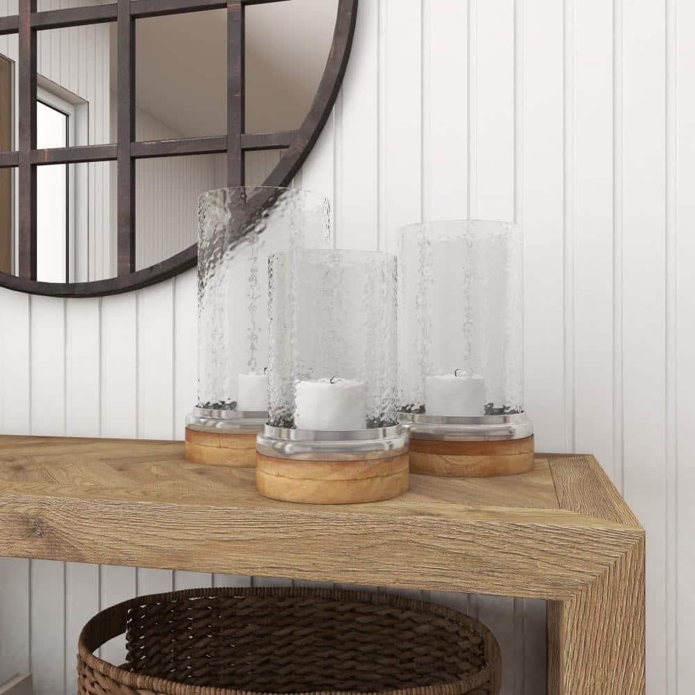 Elegant Traditional Wood & Glass Hurricane Candle Lantern Trio